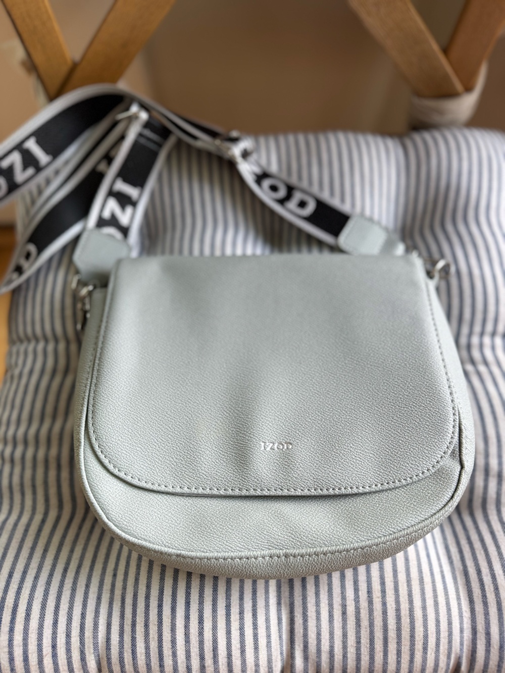 IZOD Sage Green Saddlebag Crossbody Purse w Black White Logo Adjustable Strap